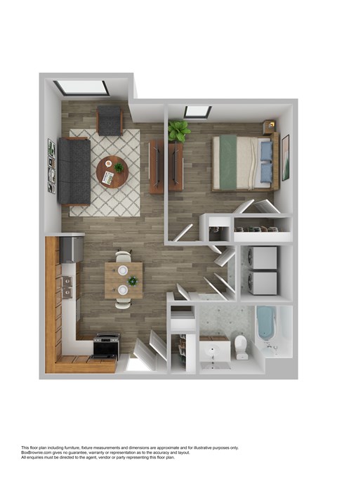 Floor plan for 1 bed, 1 bath, 744 sqft